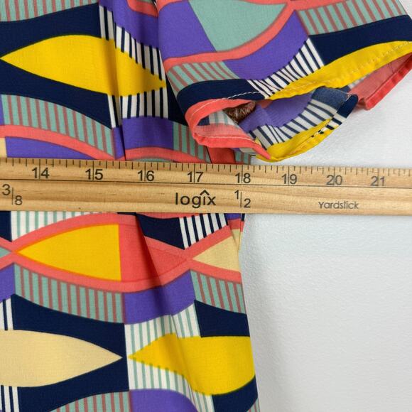 Lavender Brown Mini Dress Womens M Multicolor Geometric Print Short Sleeve Retro - Picture 6 of 7